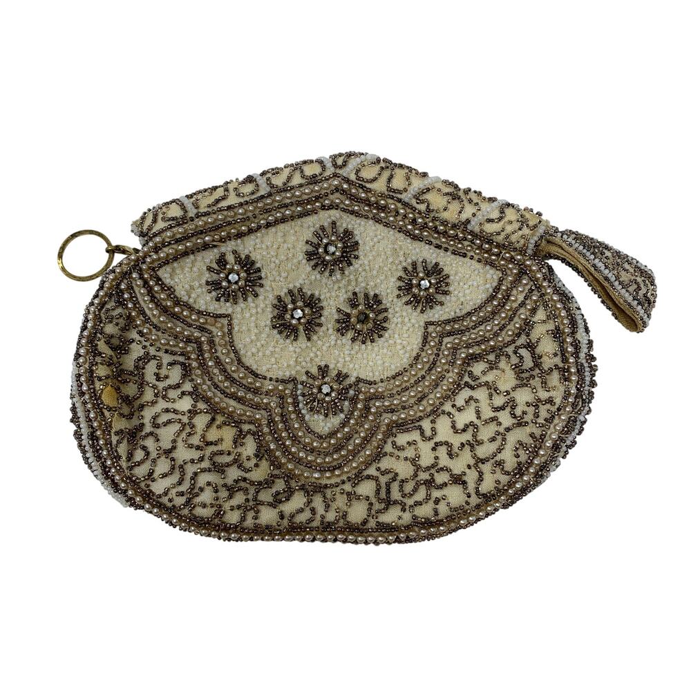 Vintage Beaded Evening Bag Clutch Wristlet Ivory Pearl Floral Bridal Purse